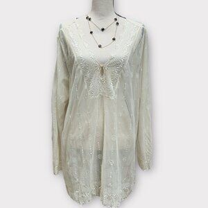 Avenue Womens 22/24 Romantic Sheer Chiffon Lace Floral Tunic Blouse Bell Sleeves